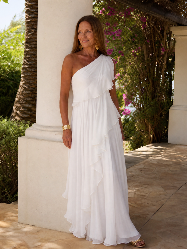 Tracey Bennett and Lowe one-shoulder ruffle maxi dress with flowing fabric and elegant design, perfect for formal occasions.