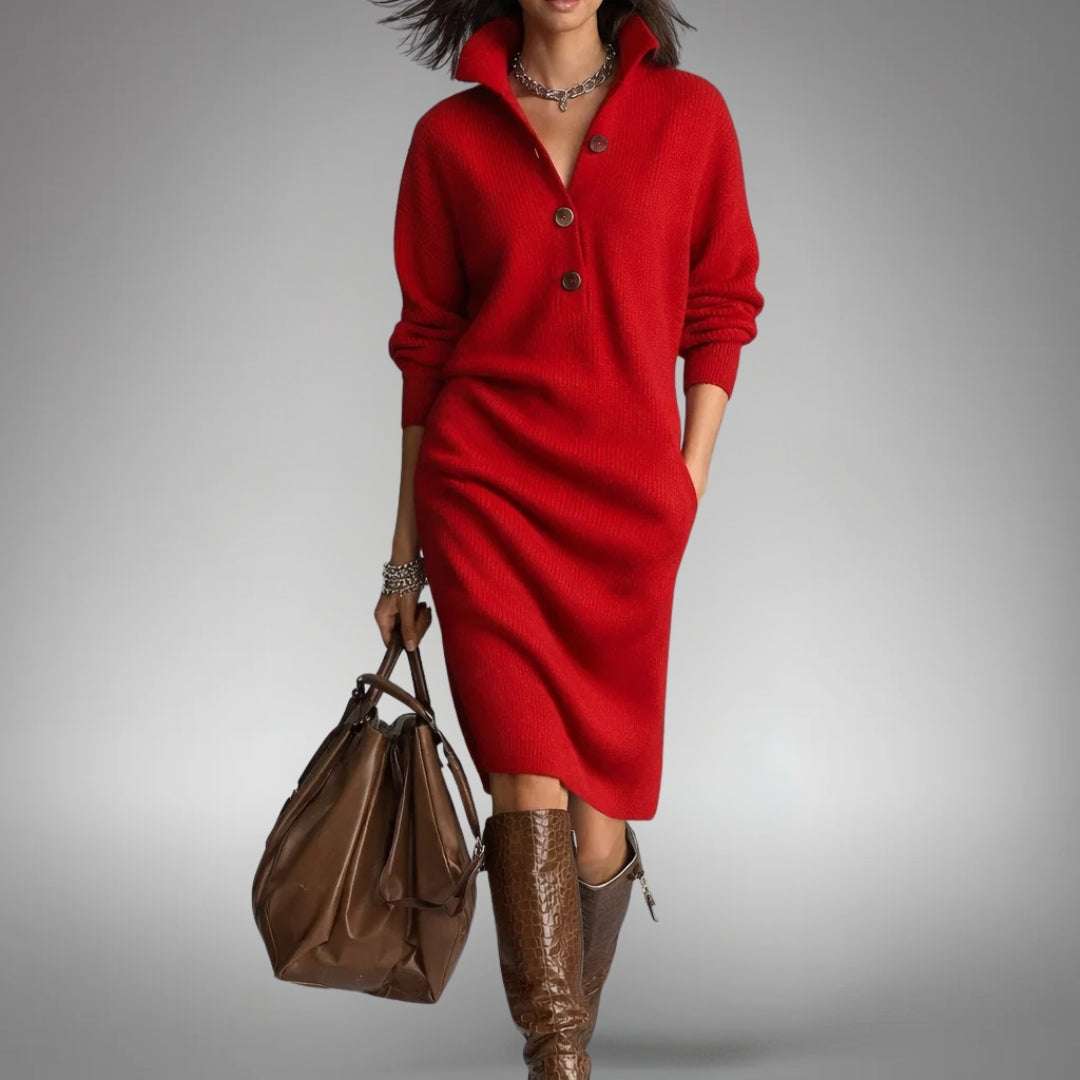Bethany Button-Collar Midi Dress by Bennett and Lowe, featuring a stylish button-up collar and elegant midi length.