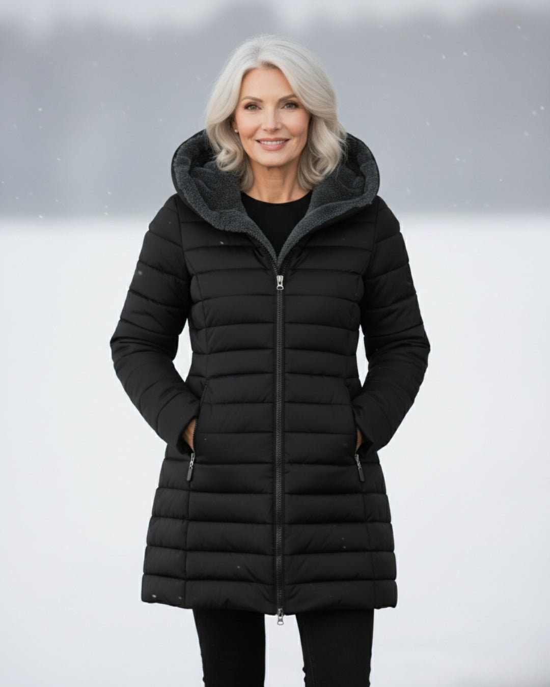Bennett and Lowe Marguerite hooded quilted winter jacket with front zipper and cozy hood, suitable for cold weather.