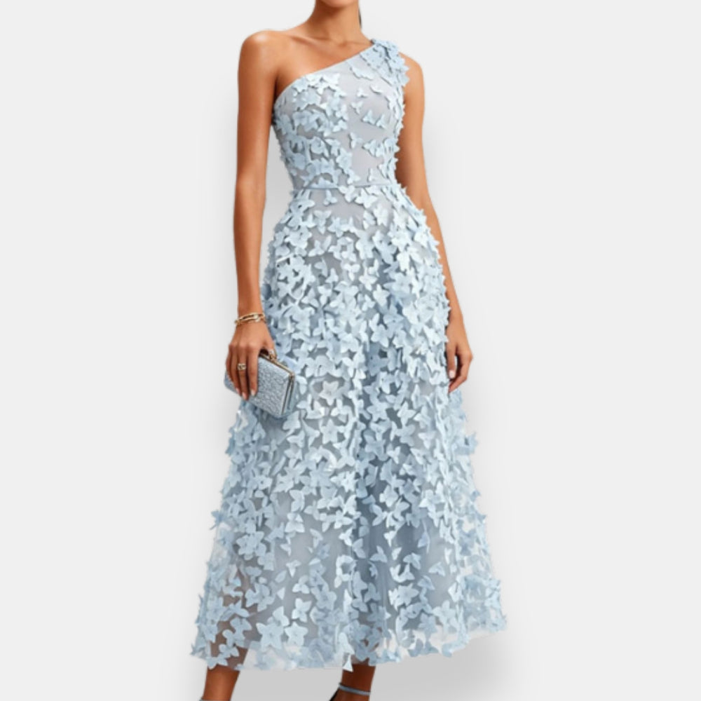 Theodora™ one-shoulder midi dress by Bennett and Lowe, shown in a stylish, fitted design with elegant shoulder detail.