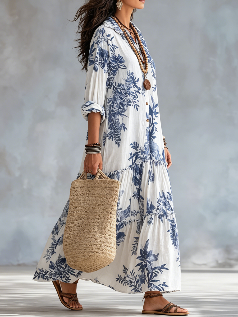 Blue floral button-down maxi dress for women by Bennett and Lowe featuring a flowing silhouette and vibrant floral pattern.