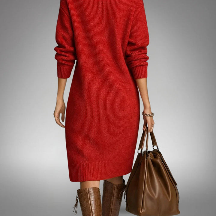 Bethany Bennett and Lowe button-collar midi dress, showcased on a mannequin, in a stylish midi length with button details.