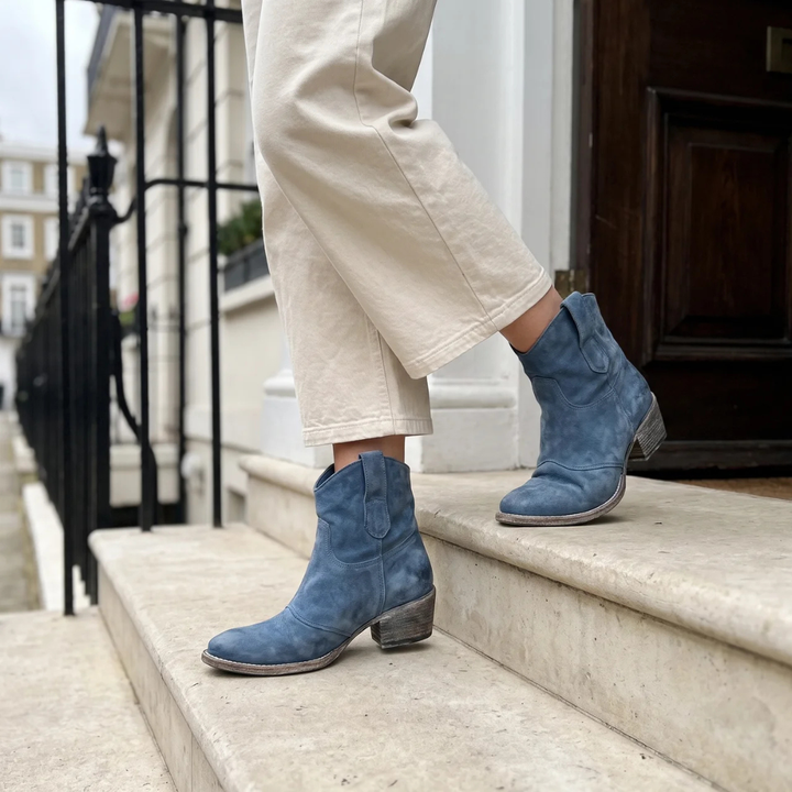 Charlotte Bennett and Lowe comfort suede ankle boots with low heel and stylish design, perfect for casual or dressy wear.