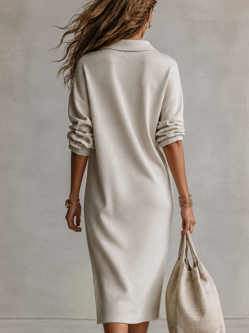 Cecily collared long-sleeve midi dress by Bennett and Lowe, featuring a fitted waist and classic button-up front.