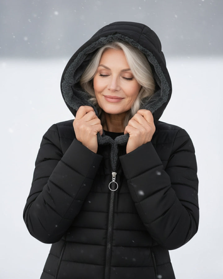 Bennett and Lowe Marguerite hooded quilted winter jacket in dark color, featuring a padded design and front zipper.