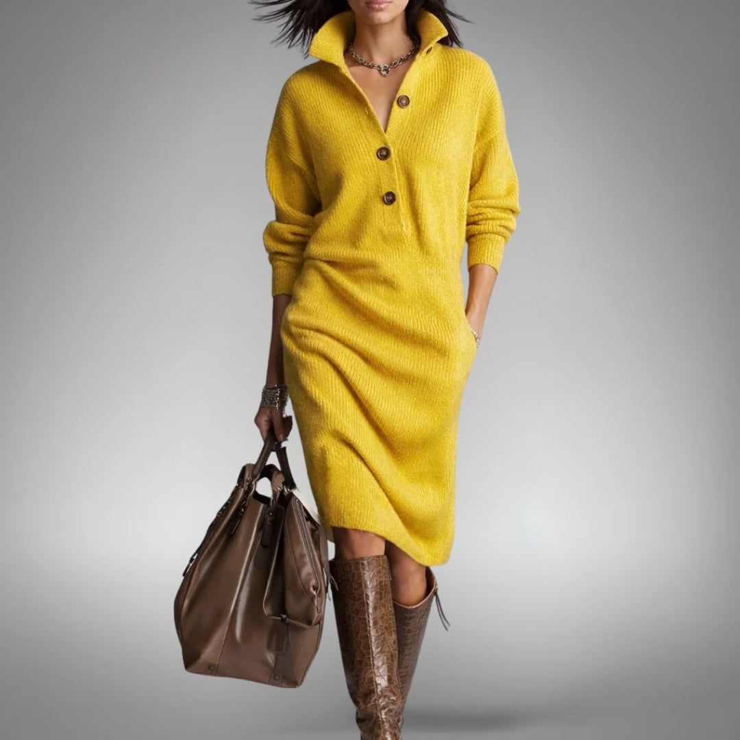 Bethany Bennett and Lowe button-collar midi dress displayed on a model, featuring a stylish midi length and tailored collar design.