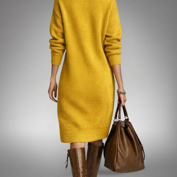 Bethany Bennett and Lowe button-collar midi dress featuring a fitted waist, midi length, and stylish collar detail.