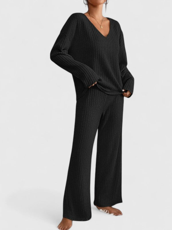 Addison two-piece knit sweater and wide-leg pants set for women by Bennett and Lowe, featuring a V-neck sweater and relaxed pants.