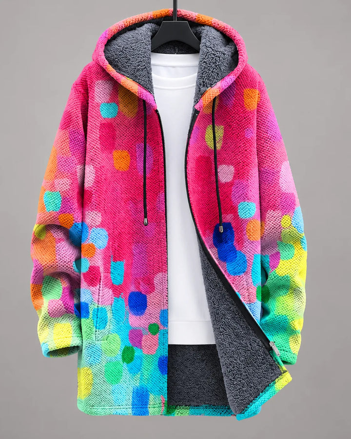 Rosalie Confetti Bloom Hooded Jacket by Bennett & Lowe featuring colorful confetti print and a cozy hood for stylish warmth.
