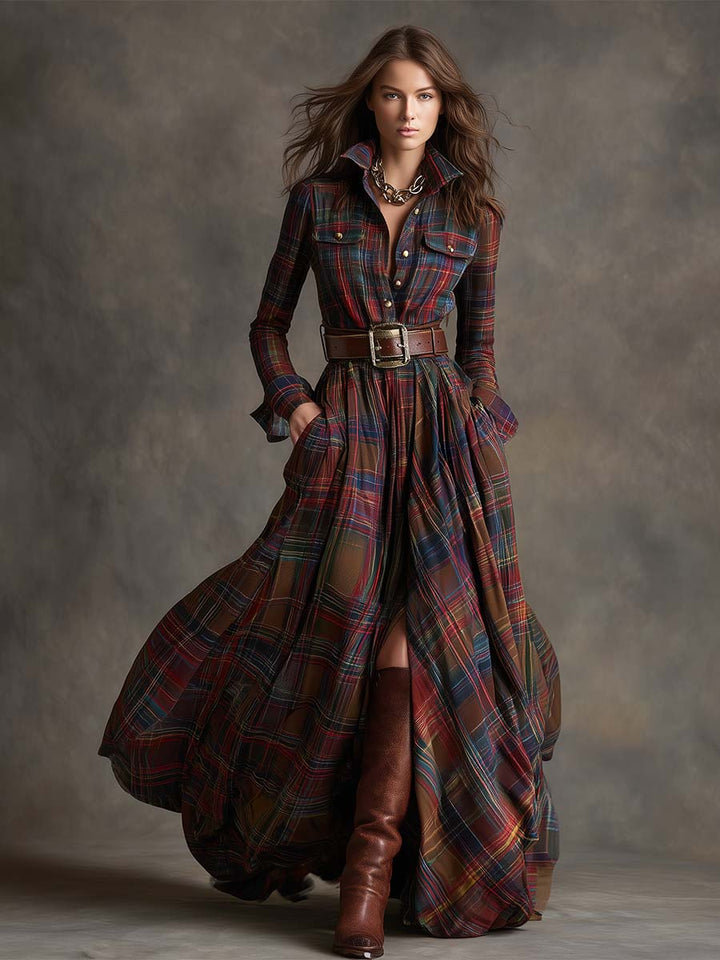 Henrietta | Belted Button-Front Long-Sleeve Maxi Shirt Dress for Women