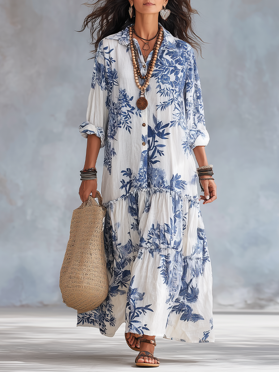 Blue floral button-down maxi dress for women by Bennett and Lowe, featuring a flowing design and vibrant floral pattern.