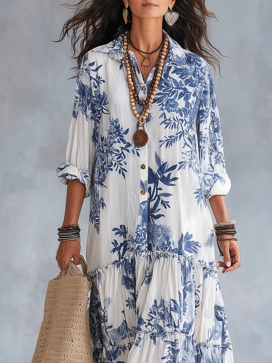 Blue floral button-down maxi dress for women by Bennett and Lowe, featuring a flowing silhouette and vibrant floral pattern.