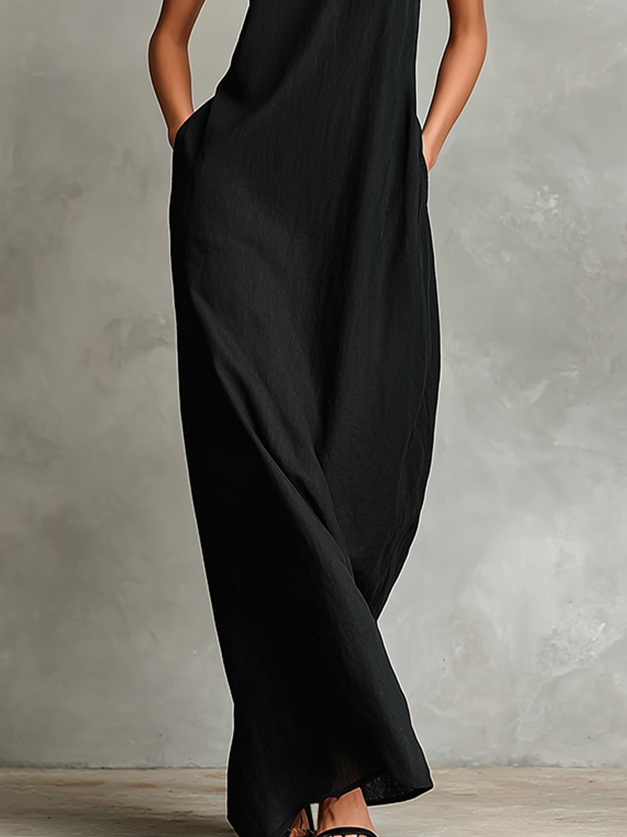 Chrissy high-neck pocket maxi dress by Bennett and Lowe, featuring a long flowing silhouette and side pockets.