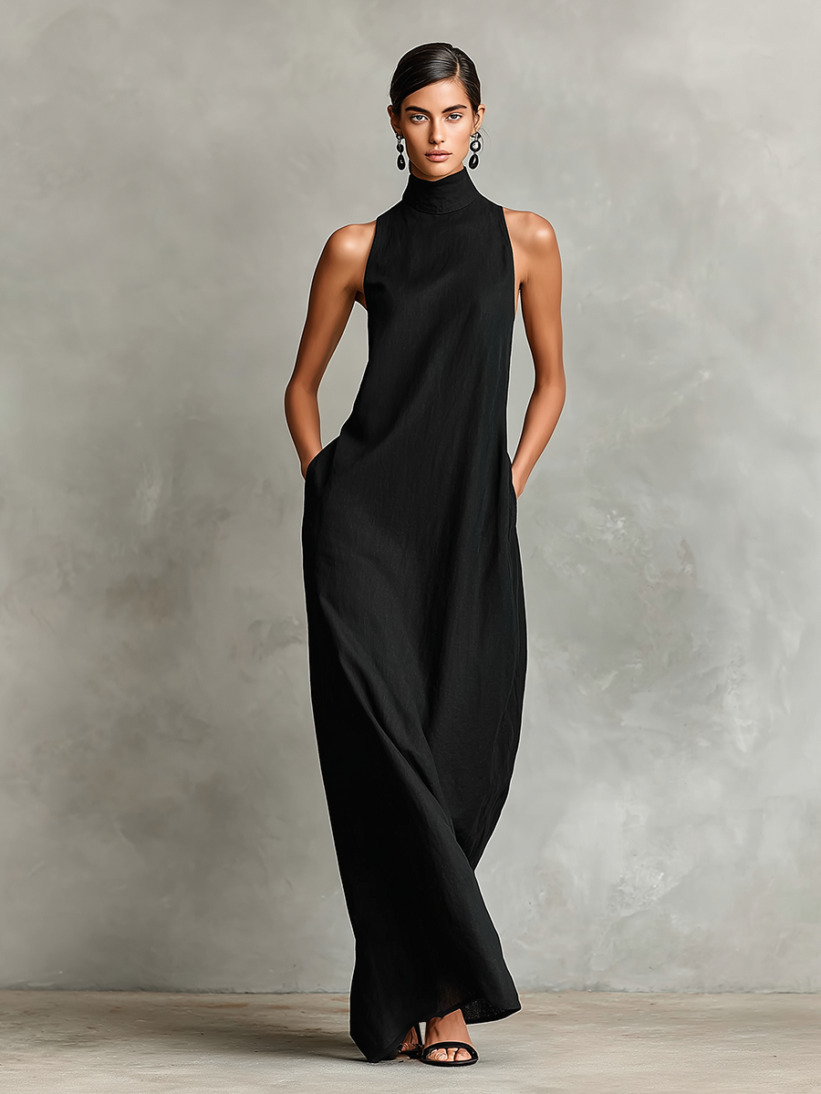 Chrissy high-neck pocket maxi dress by Bennett and Lowe, showing the black sleeveless design with side pockets and flowing fabric.