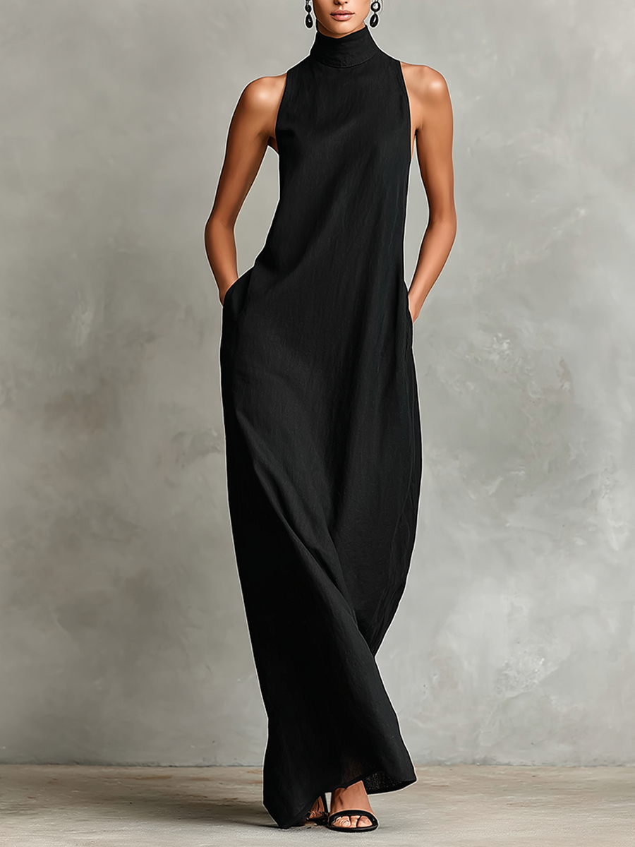 Chiara high-neck flowing maxi dress by Bennett and Lowe displayed on a model, featuring elegant fabric and a graceful silhouette.