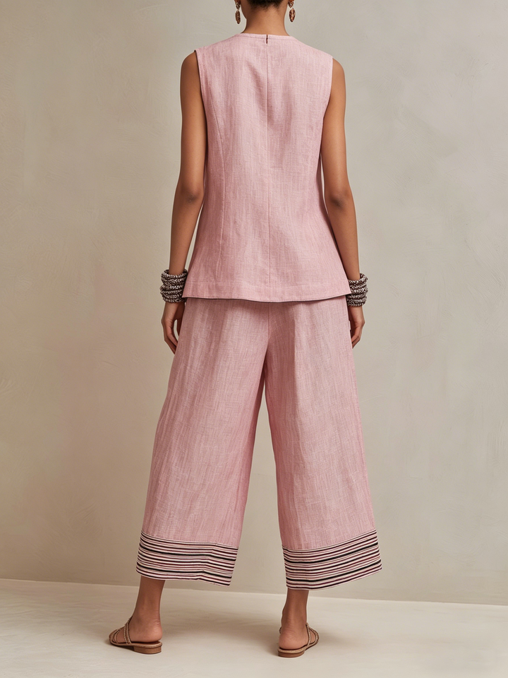 Elodie linen-blend vest and culotte set for women by Bennett and Lowe, featuring a stylish sleeveless vest and wide-leg culottes.