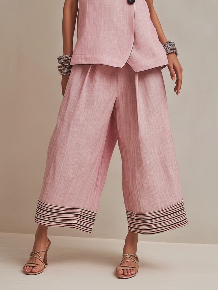 Elodie linen-blend vest and culotte set for women, featuring a sleeveless vest and wide-leg culottes in neutral tones.