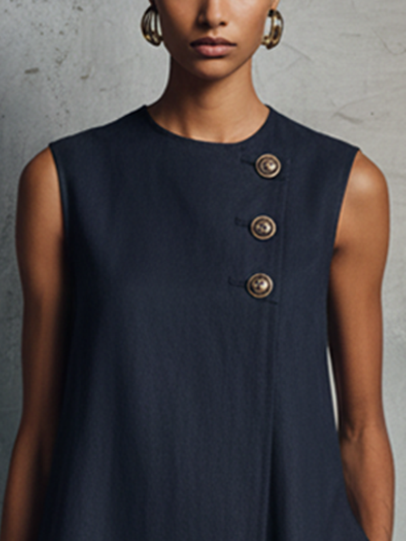 A close-up of Bennett and Lowe Aubrey asymmetric button mini dress showing its stylish design and fabric details.
