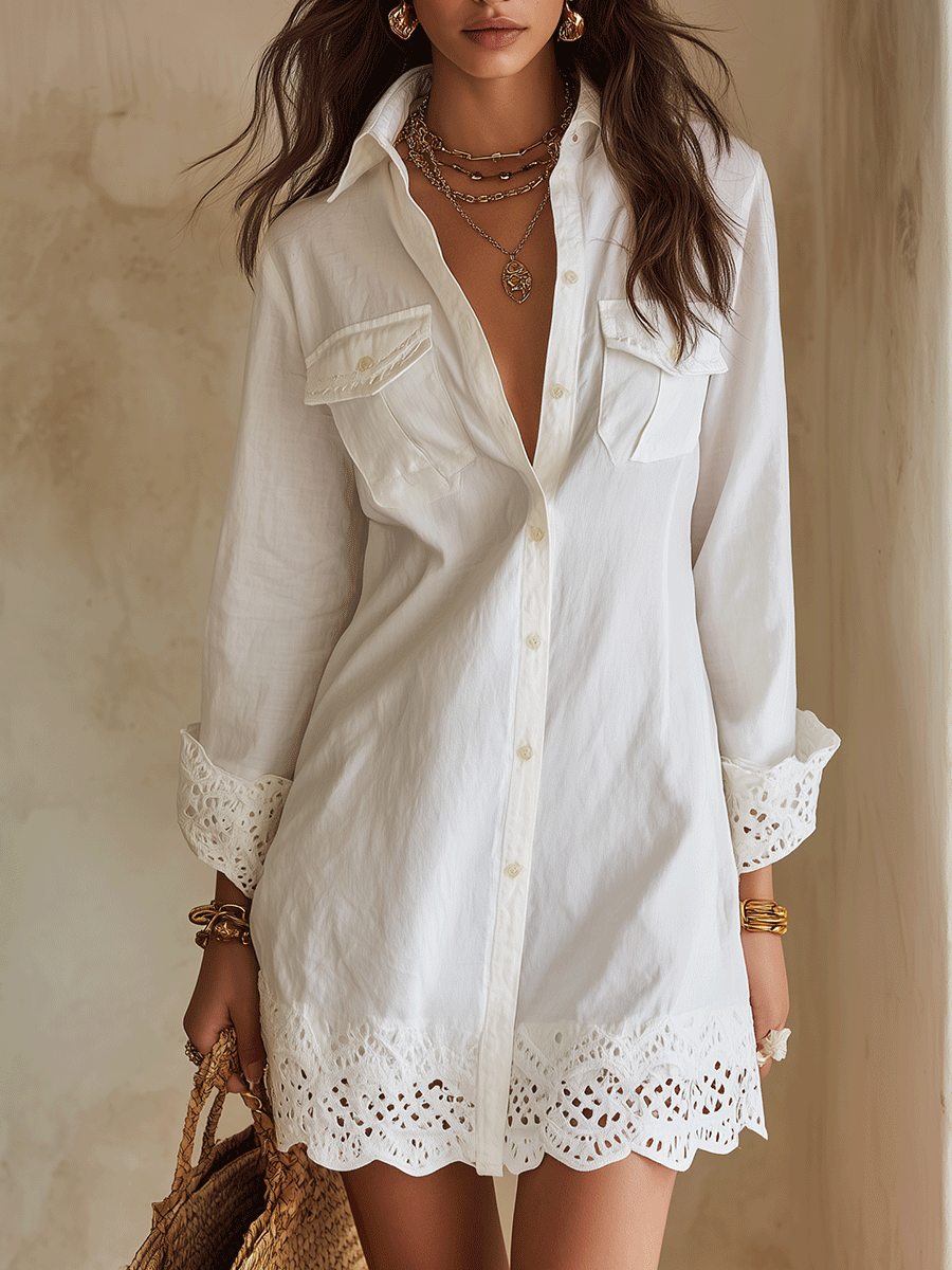 Olivia Newyork Country Muse Marina eyelet hem resort shirt dress with button front and short sleeves, casual summer style.