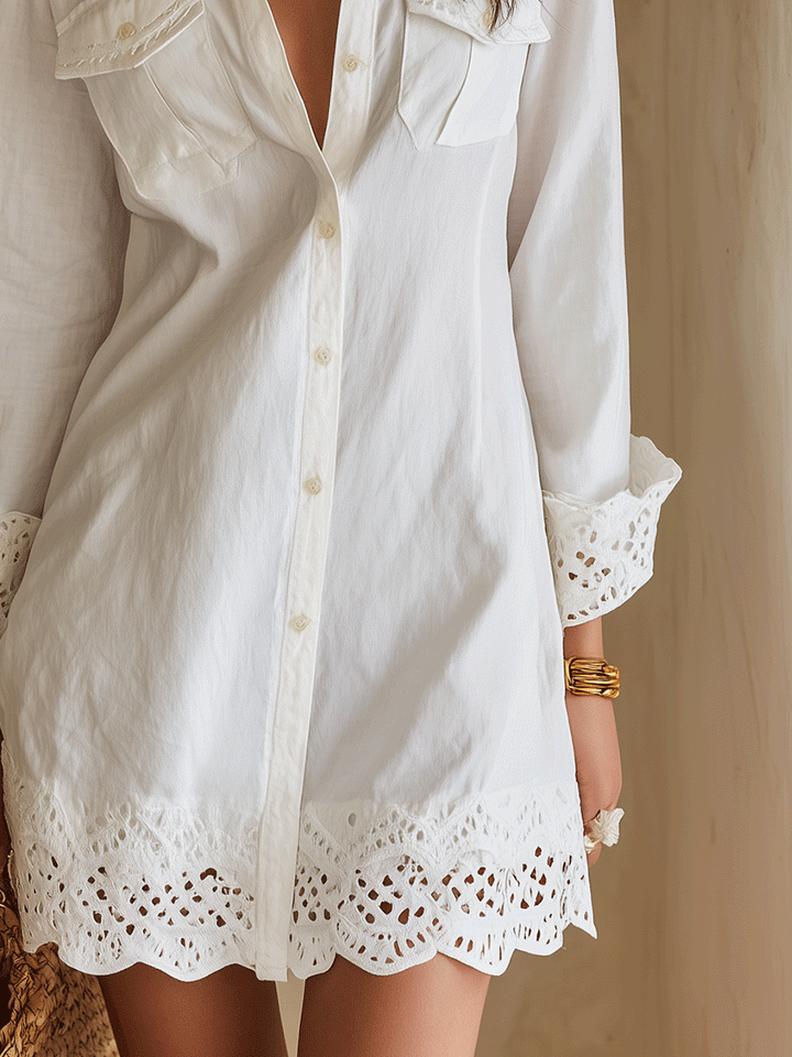 Olivia Newyork Marina Eyelet Hem Resort Shirt Dress by Country Muse featuring lightweight fabric and stylish eyelet details.