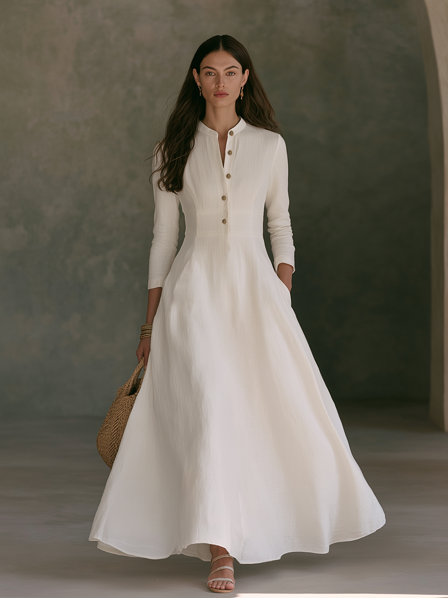 Linen A-line maxi dress for women by Bennett and Lowe, featuring a flowing silhouette and elegant design in neutral tones.
