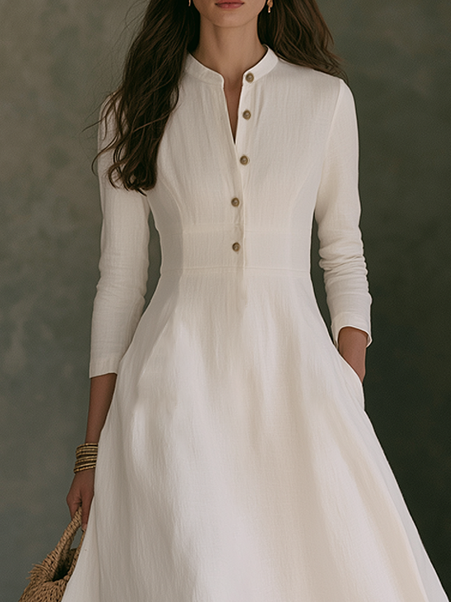 Linen A-line maxi dress for women by Bennett and Lowe, featuring a flowing silhouette and elegant design in natural linen fabric.