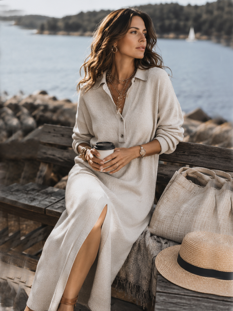 Cecily collared long-sleeve midi dress by Bennett and Lowe, featuring a fitted silhouette and button details.