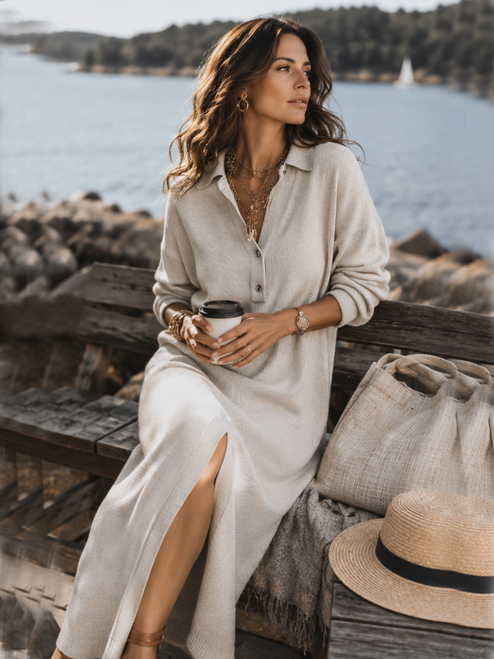 Cecily collared long-sleeve midi dress by Bennett and Lowe, featuring a fitted silhouette and button details.