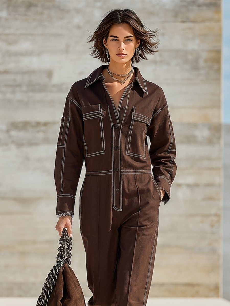 Muriel Bennett and Lowe straight-leg utility jumpsuit for women, featuring a fitted waist, chest pockets, and full-length legs.