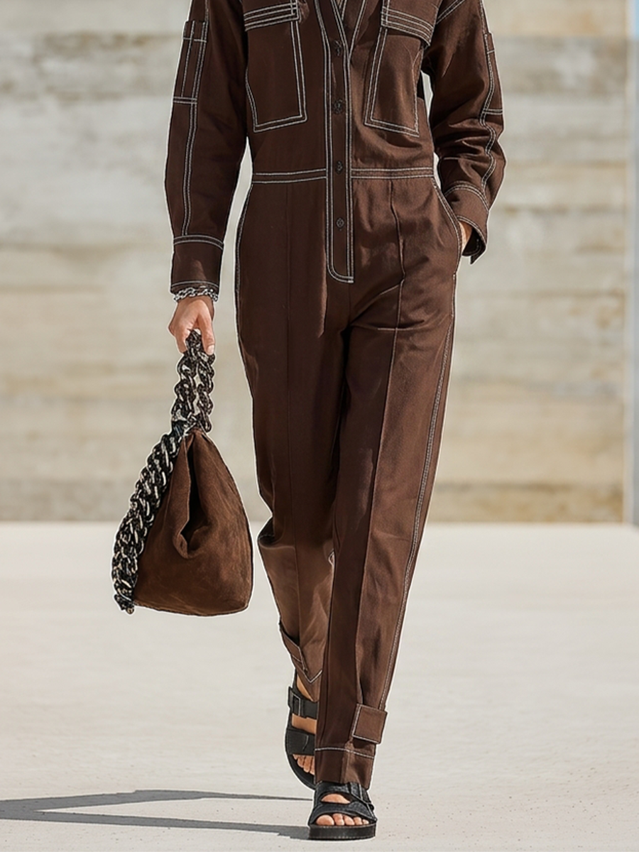 Muriel straight-leg utility jumpsuit for women by Bennett and Lowe, shown in a neutral color with functional pockets and adjustable straps.