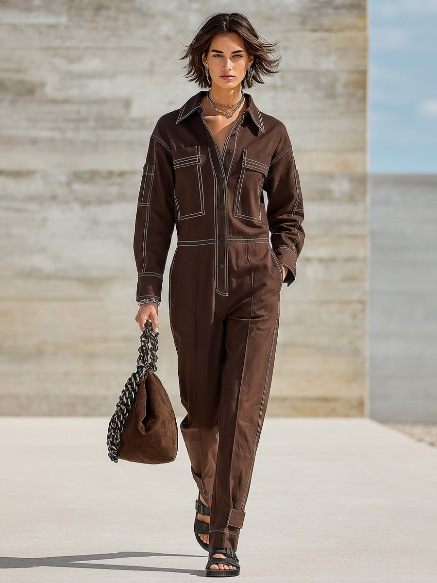 Muriel Bennett and Lowe straight-leg utility jumpsuit for women, featuring functional pockets and a relaxed fit.