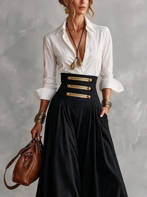 Rosalind collared shirt and button maxi skirt set by Bennett and Lowe, featuring a stylish coordinated outfit in the image.