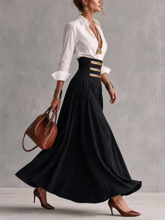 Rosalind collared shirt and button maxi skirt set by Bennett and Lowe, featuring a stylish, coordinated fashion outfit.