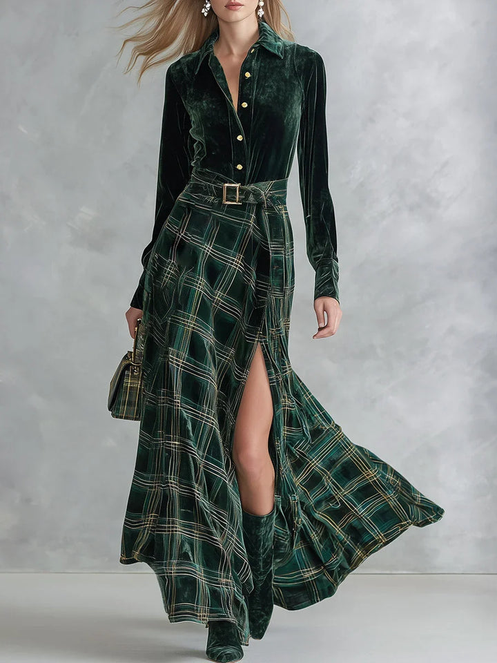 Marielle plaid long-sleeve maxi dress set by Bennett and Lowe, featuring a stylish, flowing design with a plaid pattern.