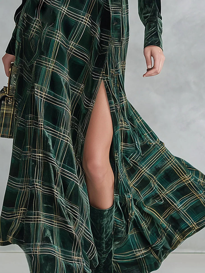 Marielle plaid long-sleeve maxi dress set by Bennett and Lowe, featuring a stylish plaid pattern and flowing maxi length.
