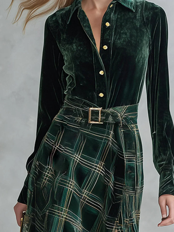 Marielle plaid long-sleeve maxi dress set by Bennett and Lowe featuring a stylish, long-length dress with a plaid pattern.