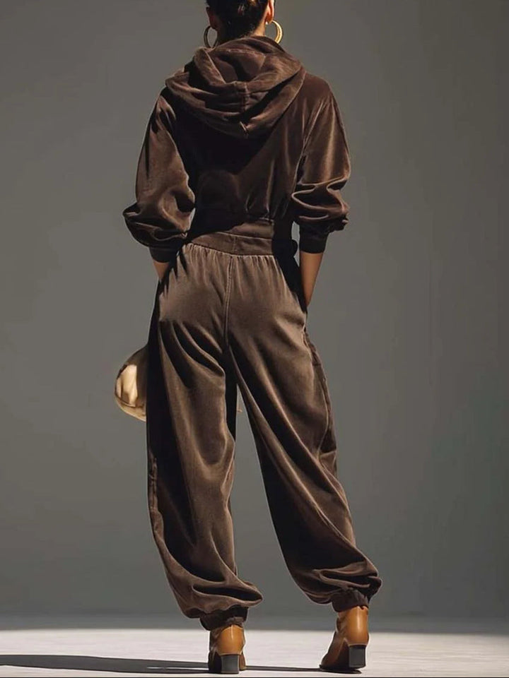 Cassandra hooded top and relaxed pants set by Bennett & Lowe, featuring a comfortable two-piece outfit with a hood and casual fit.