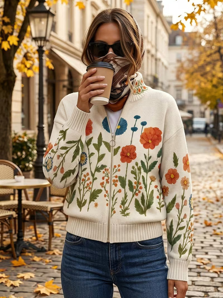 Wrenna Wildflower Meadow Zip Cardigan for Women by Bennett and Lowe, featuring a floral pattern and front zipper detail.