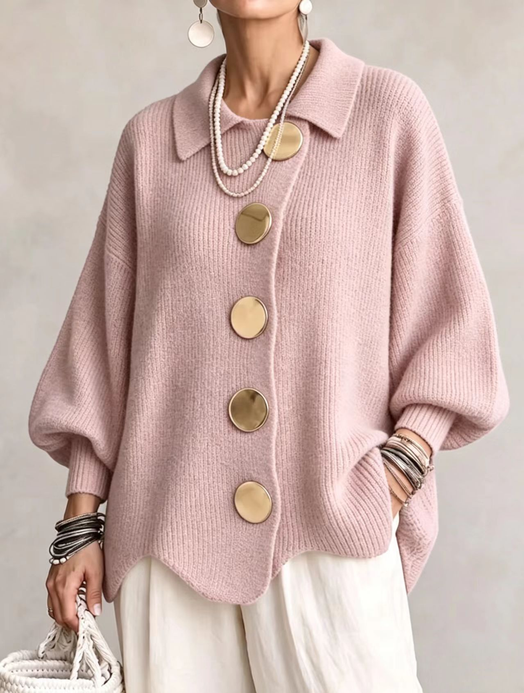 Isadora oversized collared cardigan for women by Bennett and Lowe, featuring a cozy knit with a relaxed fit and button closure.