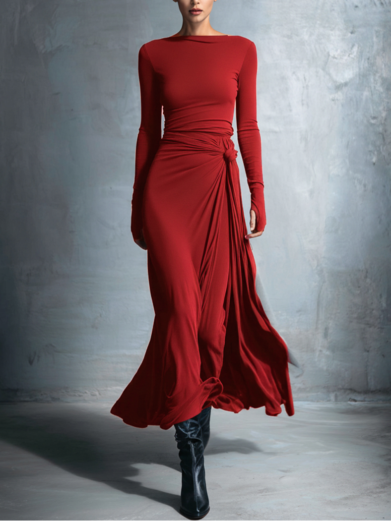 Yasmina | Long-Sleeve Side-Tie Draped Maxi Dress for Women