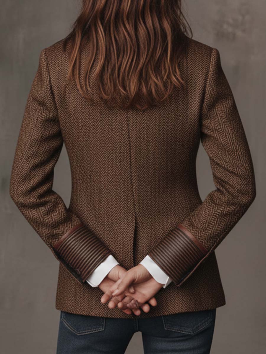 Elara Bennett and Lowe women's herringbone print panel blazer, tailored fit with structured lapels and timeless pattern.
