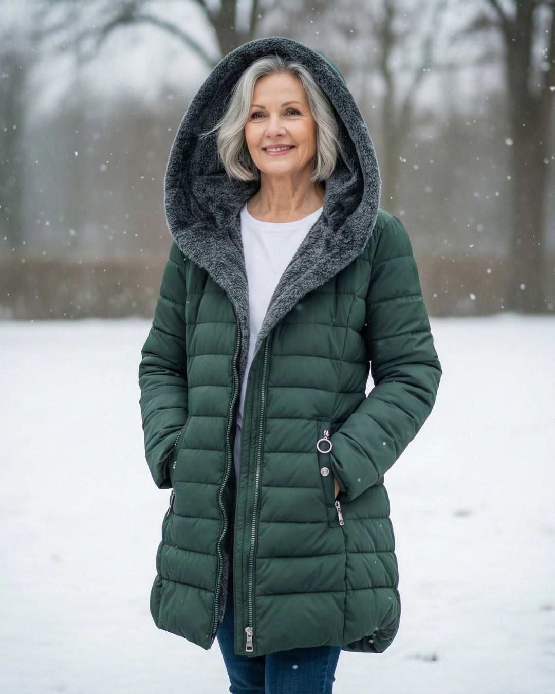 Bennett and Lowe Marguerite hooded quilted winter jacket in dark color with a high collar and padded design for warmth.