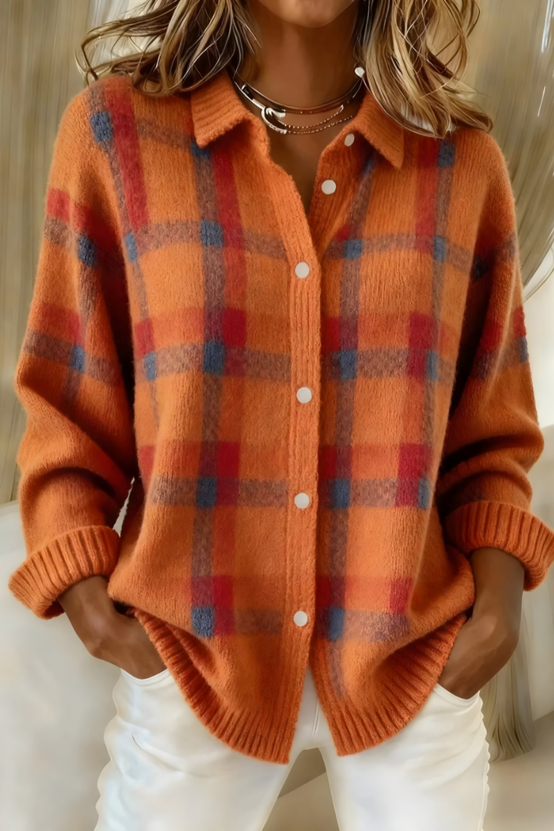 Anna plaid knit cardigan by Bennett and Lowe, featuring a cozy, multicolored plaid pattern and button closure.