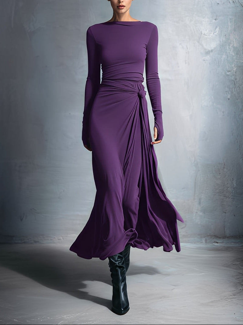 Yasmina | Long-Sleeve Side-Tie Draped Maxi Dress for Women