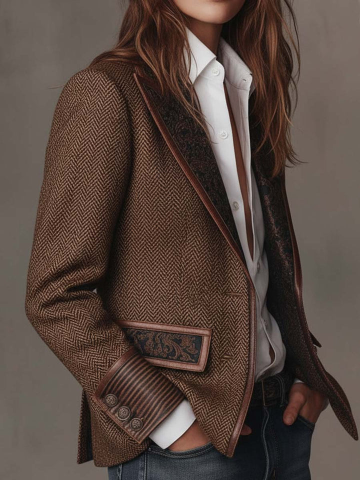 Elara Bennett and Lowe women's herringbone print panel blazer, tailored fit with lapel collar and structured design.