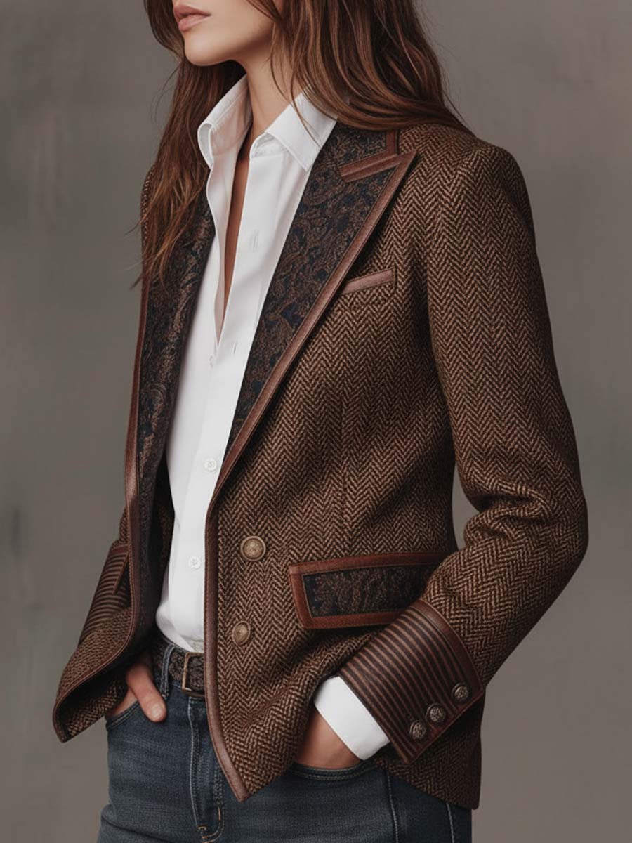 Elara Bennett and Lowe women's herringbone print panel blazer, tailored fit, featuring classic herringbone pattern and structured design.