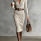 Ammina | Ribbed Knit V-Neck Belted Midi Dress for Women