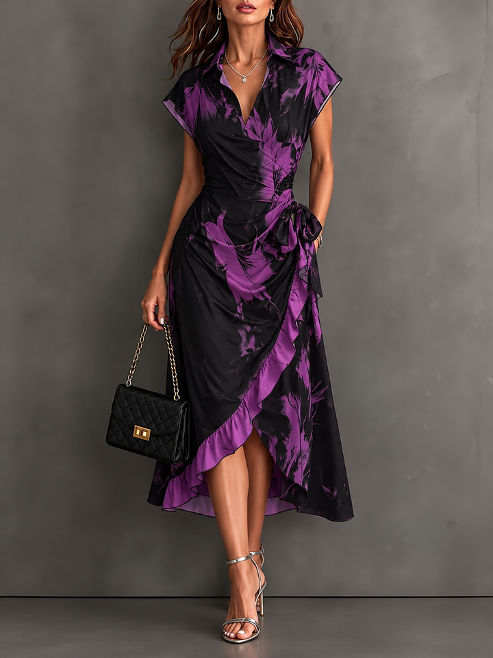 Bennett & Lowe Elisa purple abstract print midi wrap dress with V-neck and waist tie