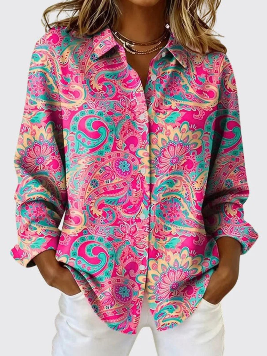 Joanna Bennett and Lowe paisley print button-up blouse for women, featuring a stylish, colorful pattern and classic collar design.
