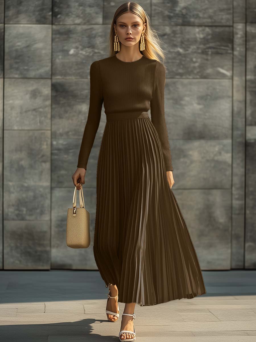 Charlotte | Ribbed Knit Pleated Satin Midi Dress for Women